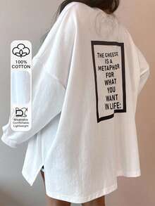 DAZY 标语图案落肩开衩超大 T 恤，奶酪是生活中你想要的东西的隐喻，回到学校服装长袖女式上衣