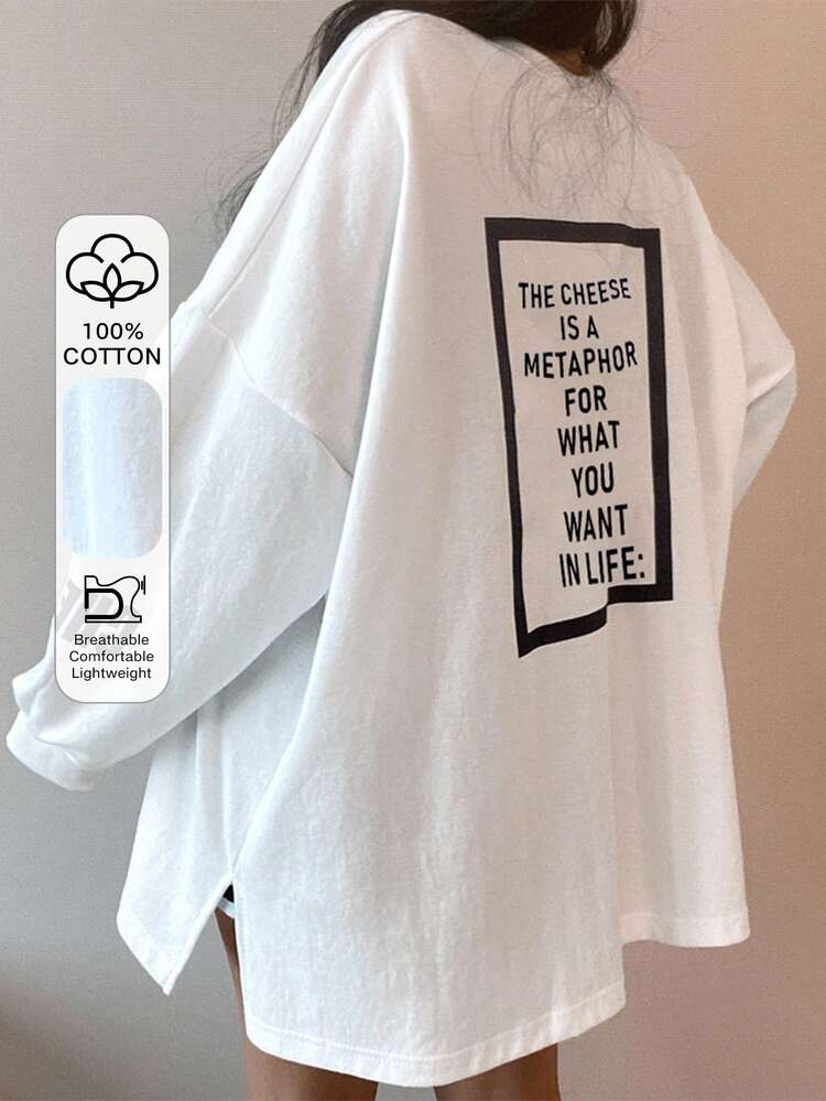 Slogan Graphic Drop Shoulder Split Hem Oversized Tee THE CHEESE IS A METAPHOR FOR WHAT YOU WANT IN LIFE,Back To School Clothes Long Sleeve Women Tops