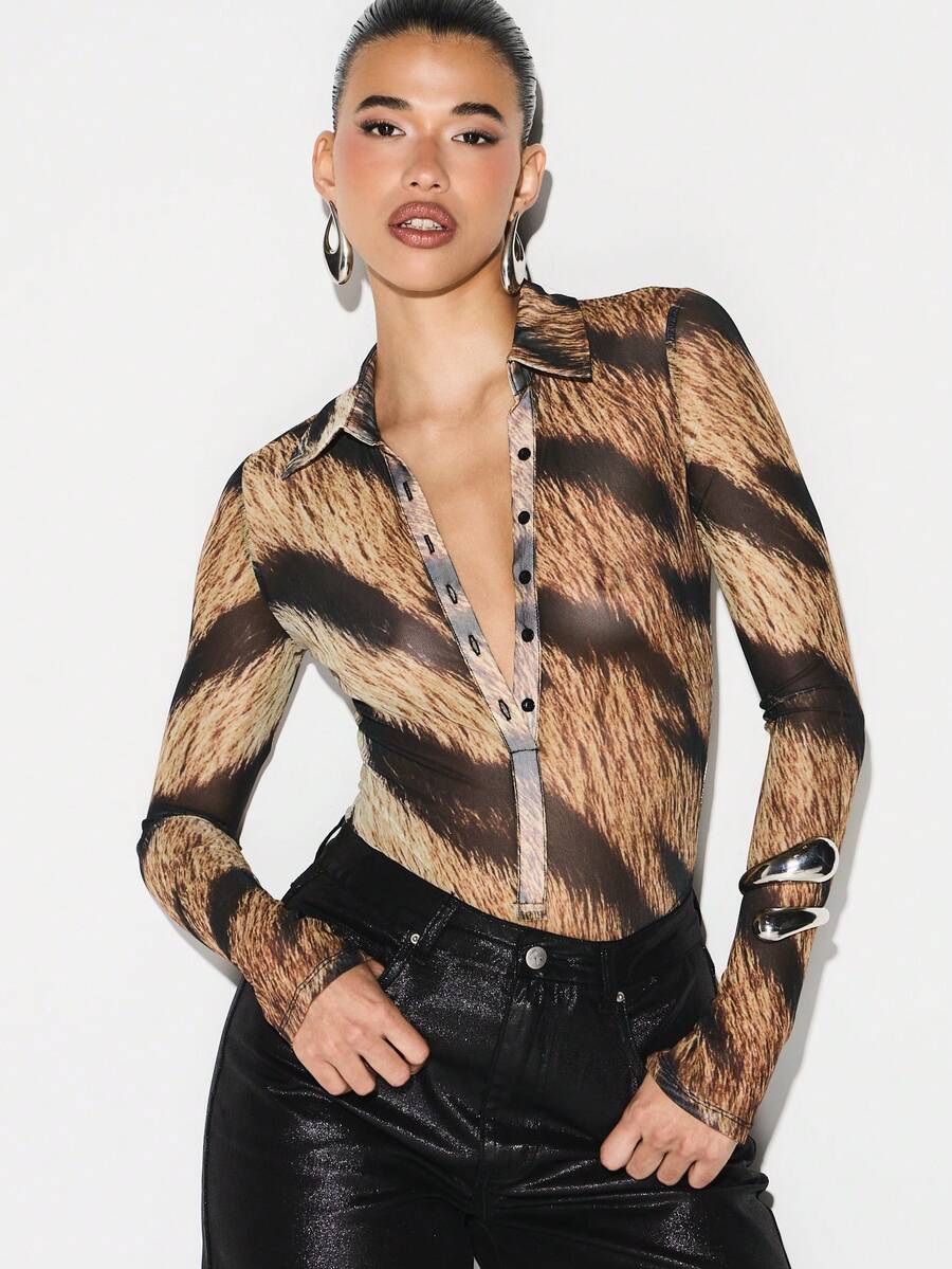 KIZN Long Sleeve Mesh Animal Print Collared Bodysuit With Button Front Closure