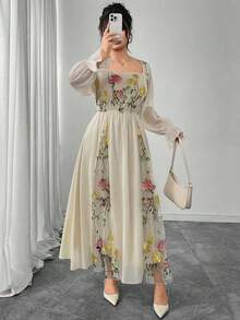 Modelyn Elegant Floral Embroidery Patchwork Plus Size Women Crew Neck Long Sleeve Dress - Yellow - View 3