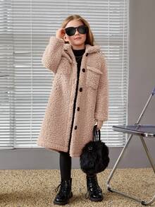 SHEIN 女童休闲珊瑚绒中长款翻领长袖夹克，适合冬季 - 卡其色 - 查看 7