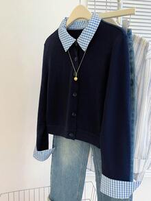 SHEIN Franclia 女式格子拼布翻领长袖单排扣休闲夹克，秋季 - 彩色 - 查看 6