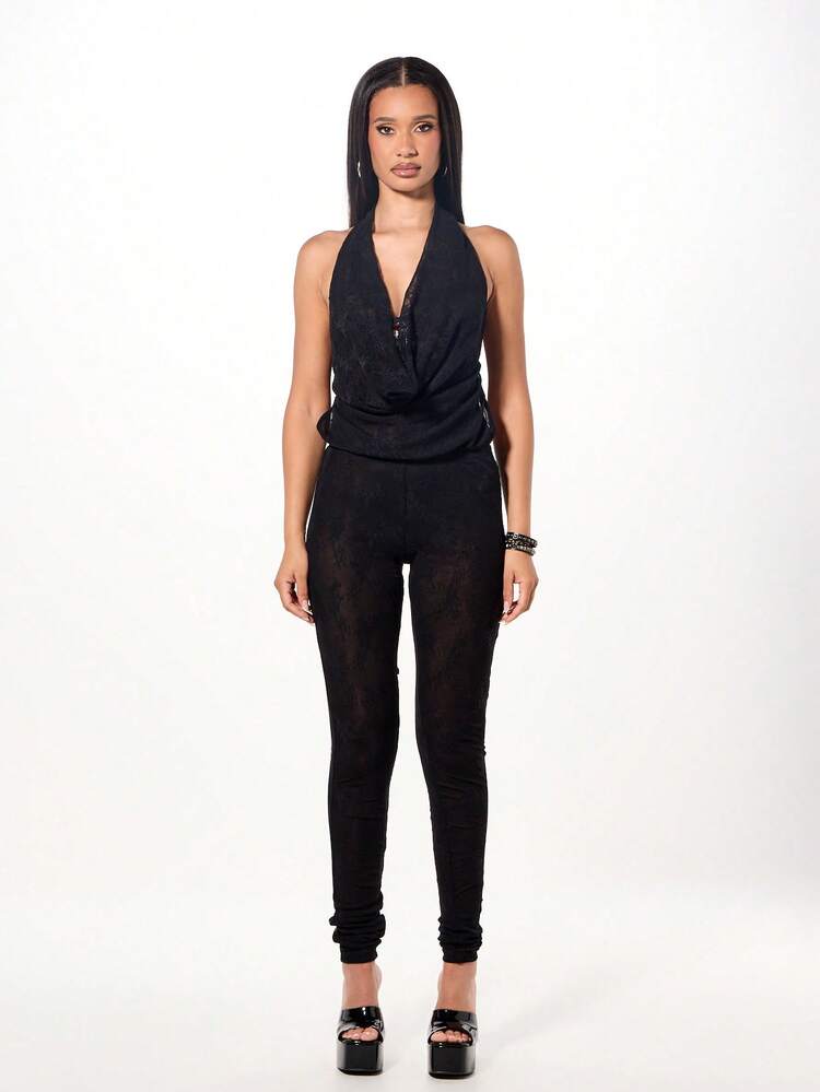 SUMWON WOMEN Lace Cowl Neck Halter Jumpsuit