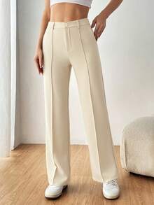 SHEIN EZwear Women's Casual Straight-Leg Apricot Suit Pants, Autumn/Winter,Fall,Fall Clothes For Women - Apricot - View 4