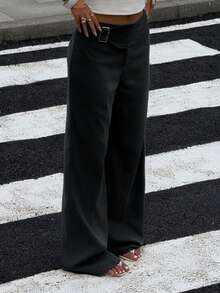 SHEIN EZwear Women's Black Metal Buckle Casual Wide Leg Pants, Versatile For Autumn,Black Pants - Black - View 3