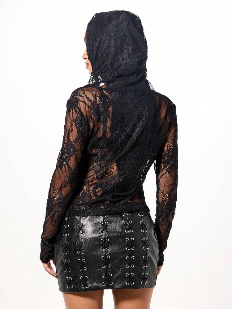 SUMWON WOMEN Top à capuche en dentelle avec fermeture éclair avant et détail de corset à lacets, manches longues, gothique, moulant pour festival
