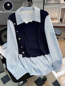 GlowEve CURVE Luźna koszula w paski 2 w 1 w dużym rozmiarze, elegancka bluzka, jednolity kolor i patchworkowe paski - Niebieski - Zobacz 1