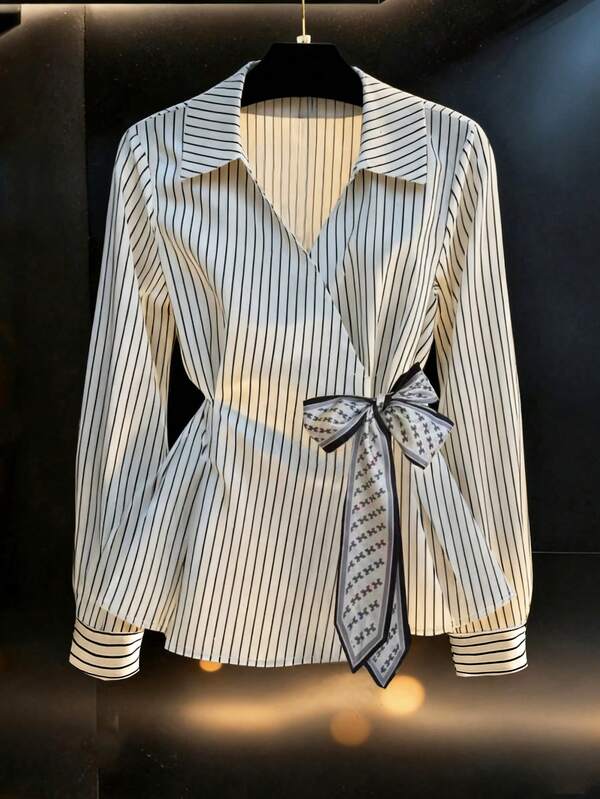 Franclia Blusa de mujer de manga larga con estampado de rayas negras y blancas, con lazo a la cintura, de estilo casual y elegante, nueva llegada para primavera/otoño