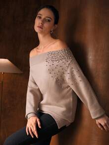 MOTF PREMIUM Fashionable & Elegant Off Shoulder Rhinestone Decorated Sweater, Autumn/Winter