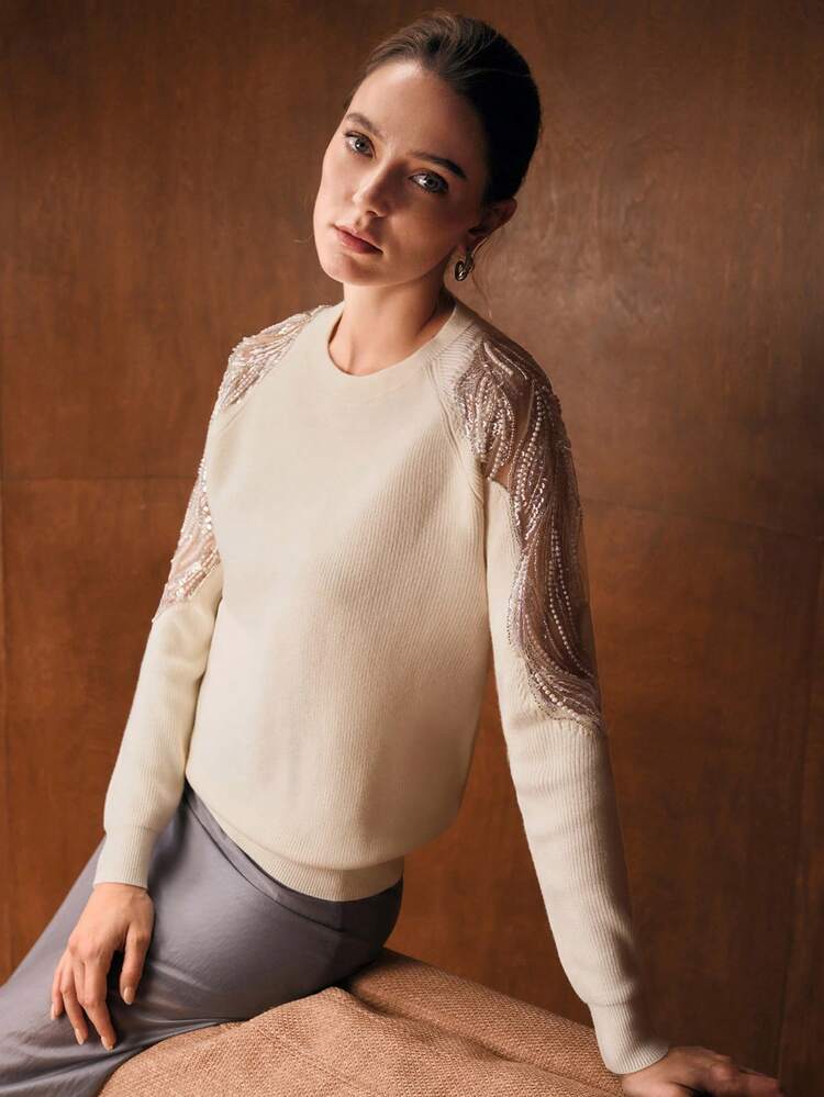 Beaded Round Neck Long Sleeve Elegant Knitted Sweater, Autumn/Winter