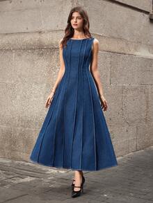 Selenza 女士时尚无袖腰收腰牛仔连衣裙，适合通勤 - 藍色 - 查看 1