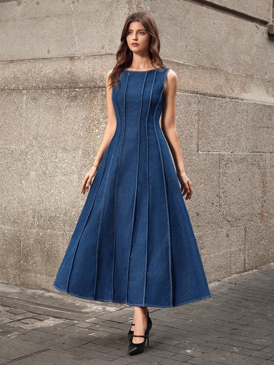 Selenza 女士时尚无袖腰收腰牛仔连衣裙，适合通勤 - 藍色 - 查看 1