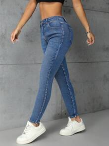 SHEIN Essnce 休闲中腰紧身洗水蓝牛仔裤 - 中等水洗藍 - 查看 4