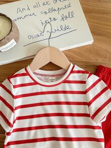 Babygirl Cute Knitted Pink Striped Short Sleeve Top And Elastic Waist Pants Set