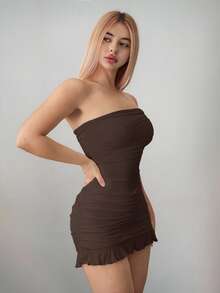 Vestido mini asimétrico ajustado con hombros descubiertos de malla - Marrón - Ver 5