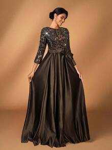 Serin 优雅奢华的薄纱长袖刺绣蕾丝花朵泡泡珍珠蝴蝶结喇叭连衣裙，适合婚礼、派对、度假、盛大晚宴、晚间活动、新娘母亲礼服、情人节等场合。 - 咖啡棕 - 查看 5