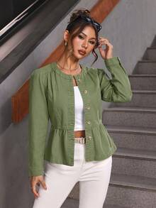 SHEIN PETITE Women's Solid Color Minimalist Everyday Button Decor Long Sleeve Denim Jacket Outerwear