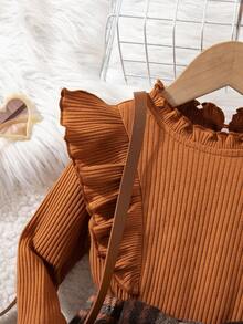 SHEIN Babygirl Cute Casual Collegiate Style Knit Ruffle Trim Long Sleeve Top & Plaid Mini Skirt Set 2pcs Set Toddler Girls Fall Girls Clothes Baby Thanksgiving Dress Brown Toddler Outfit Girl Baby Fall Dress - Brown - View 7