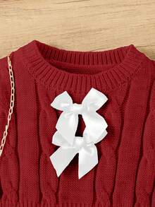 SHEIN Elladie kids 秋冬女童复古粗针织圆领腰部 A 字蝴蝶装饰长袖毛衣裙，适合户外休闲穿着 - 紅色 - 查看 5