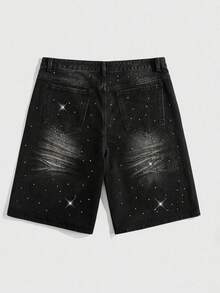 ROMWE MEN Street Life Shorts vaqueros casuales y versátiles con diamantes brillantes para hombres - Negro - Ver 2