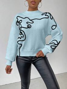 SHEIN LUNE 女式休闲图案落肩宽松针织毛衣，秋冬 - 藍色 - 查看 6