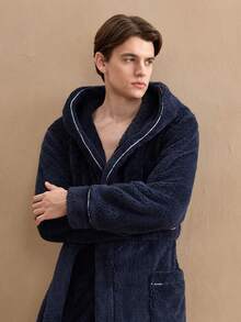 Men's Luxury Plush Lined Belted Robe, Comfortable Casual Sleepwear, Autumn/Winter, British Style, Fluffy, Cozy - Navy Blue - View 5