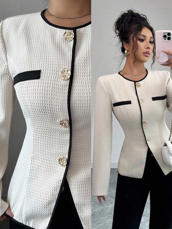 Rafferiza 女士优雅日常百搭金属扣圆领长袖撞色饰边纹理面料腰部收紧夹克外套，秋冬