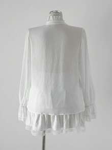 Sunspun 纹理面料和蕾丝边公主领泡泡袖衬衫，优雅适合春秋季节、度假、商务休闲 - 白色 - 查看 3