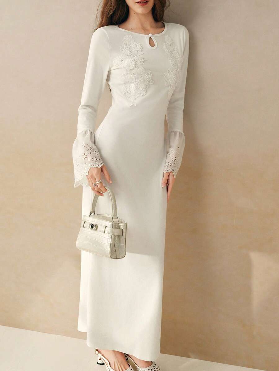 INAWLY 女式长裙，胸前有 3D 花卉贴花 - 白色 - 查看 1