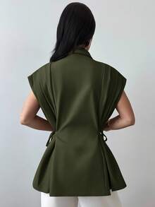 Firerie Ladies New Casual Elegant Versatile Metal Button Linen Olive Thin Suit Jacket/Imitation Linen Suit Jacket/Pleated Tie Top/Business Casual Woman/Teacher Outfits For Women/Vintage Clothes Women/, Office Outfits For Women In Fall/Winter