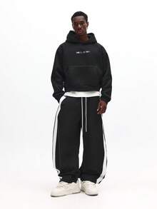SUMWON Loose Fit Track Pants With Side Tape Stripe Joggers Casual Streetwear Athletic Sweatpants Winter Fall - Black - View 3