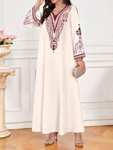 Al Najma Women's Floral & Geometric Print V-Neck Long Sleeve Elegant Arabic Style Maxi Dress, Spring/Autumn - Multicolor - View 4