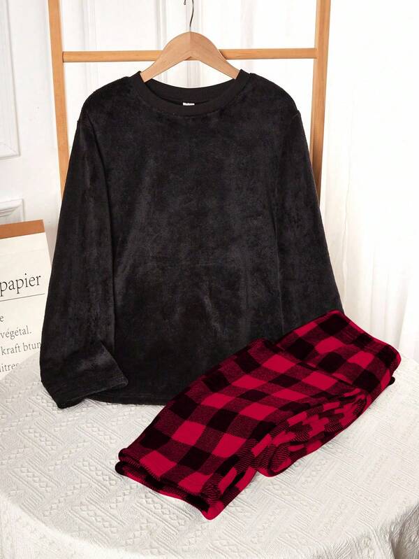 Set de pantalón y top de manga larga con estampado a cuadros para chicos adolescentes, ropa de estar en casa