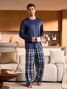 Manfinity Underwear&Sleepwear Basics Plus Size Men Blue Plaid Long Sleeve Top And Pants Loungewear Set, Christmas - Blue - View 4