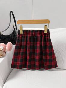 SHEIN Chân váy chữ A kẻ caro đen đỏ thời trang dành cho bé gái, họa tiết caro cổ điển thể hiện sự sống động vui tươi, thiết kế thoải mái và đa năng, phù hợp với nhiều dịp, mang đến vẻ ngoài ngọt ngào và dễ thương cho bé yêu của bạn. - màu đen - Xem 6