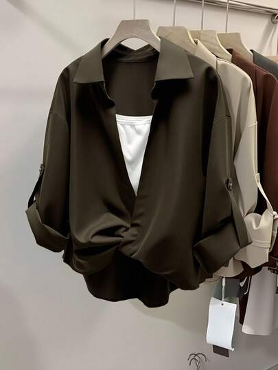 INAWLY Plus Size Casual Versatile Commute Solid Color Twist Blouse