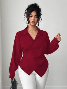 Elenzga 大码女式纯色不对称下摆裹身优雅长袖衬衫 - 紅色 - 查看 1