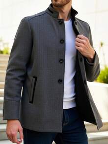 Manfinity Homme 男士休闲立领灰色羊毛大衣，秋冬 - 灰色 - 查看 1