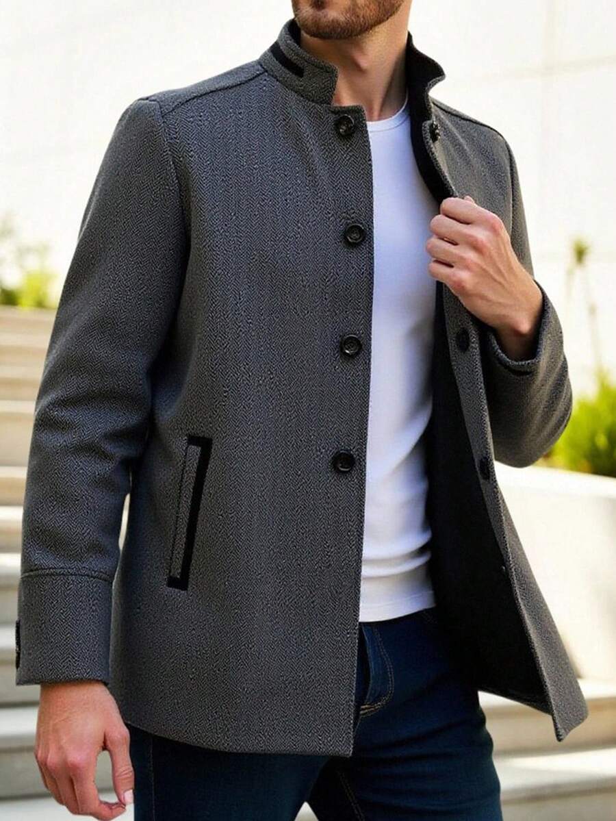 Manfinity Homme 男士休闲立领灰色羊毛大衣，秋冬 - 灰色 - 查看 1