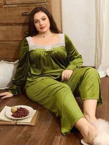 Côtesoire Plus Size French Avocado Velvet Ruched Contrast Lace Long Sleeve Top & Pants Pajama Set,Elegant Olive Green Autumn Night Wear Sleepwear - Olive Green - View 6