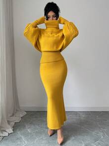 SHEIN Elenzya 女式秋冬 Anneusta 上衣，适合度假、独立日、劳动节、哥伦布日、感恩节、情人节、街头风格、复古风、斯堪的纳维亚风、垃圾摇滚风、韩式风格、休闲装、工作服、教师装、返校装、哥特风、办公室装、商务休闲装、金黄色高领针织毛衣两件套 - 黃色 - 查看 3