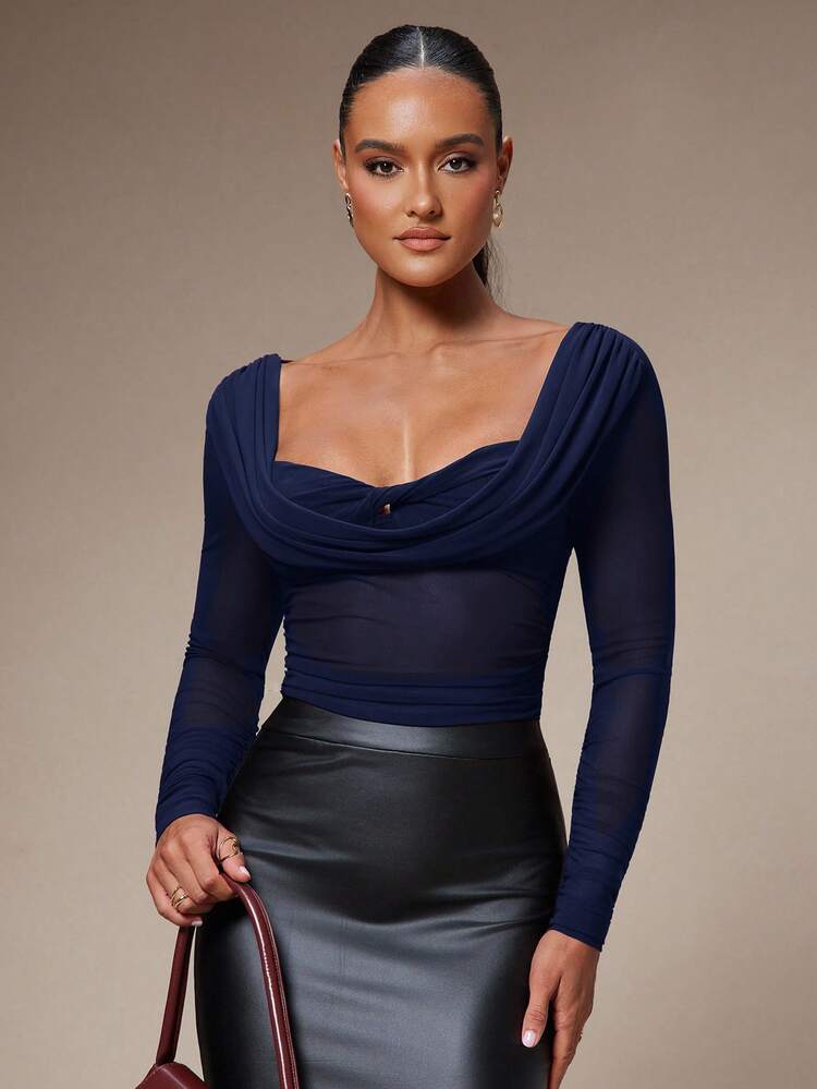 Women's Elegant Commuter Solid Color Twist Neck Blouse - Navy Blue - View 1