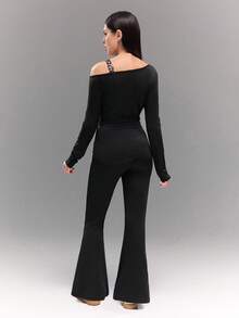 Teenage Girls Casual Street Chic Leopard Print One Shoulder Long Sleeve Top And Flare Pants 2-Piece Outfit - Black - View 2