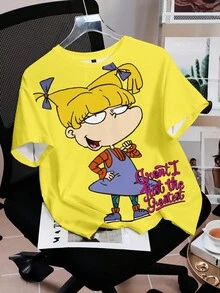 Nick 90s | SHEIN Damen Lässig Süß Cartoon Figur & Buchstabe Grafik Kurzarm T-Shirt, geeignet für den Sommer Pendeln