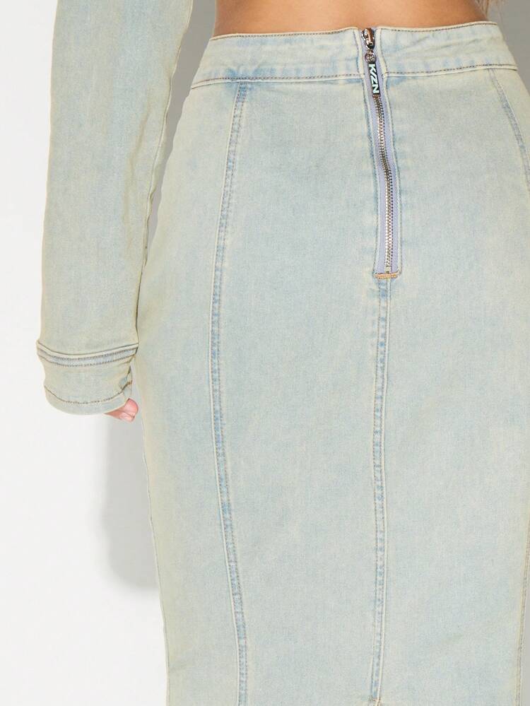 KIZN Fitted Denim Pencil Skirt With Back Zip