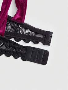 ROMWE Goth 女士哥特式天鹅绒钢圈蝴蝶结简约文胸，基本款内衣 - 酒紅色 - 查看 4