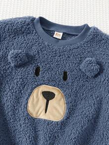 Cozy Pixies 2pcs/Set Young Boy Cartoon Bear Print Thermal Lined Crew Neck Long Sleeve Sweatshirt And Elastic Waist Ankle Cuff Pants Set Baby Boy Sets Terry Cloth Set Boys Sets Boy Clothes Set Winter Boys Outfit - Dusty Blue - View 5