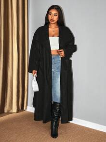 Hourglow Dollyholly86 秋冬大码女士休闲纯色长袖大衣，适合沙漏型身材 - 黑色 - 查看 5
