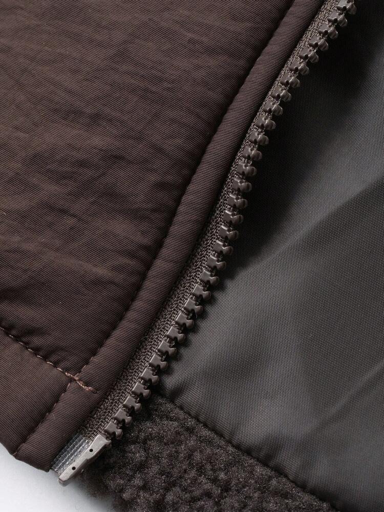 Young Boy Autumn/Winter Embroidered Design Drop Shoulder Long Sleeve Zip-Up Sherpa Jacket