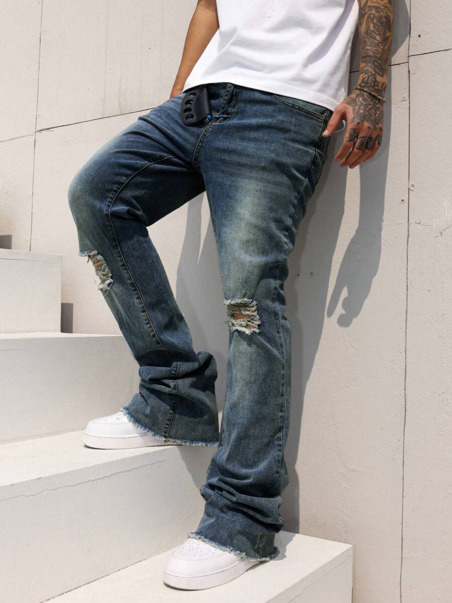 Manfinity LEGND Men's Casual Washed Distressed Flare Jeans Men Flare Jeans